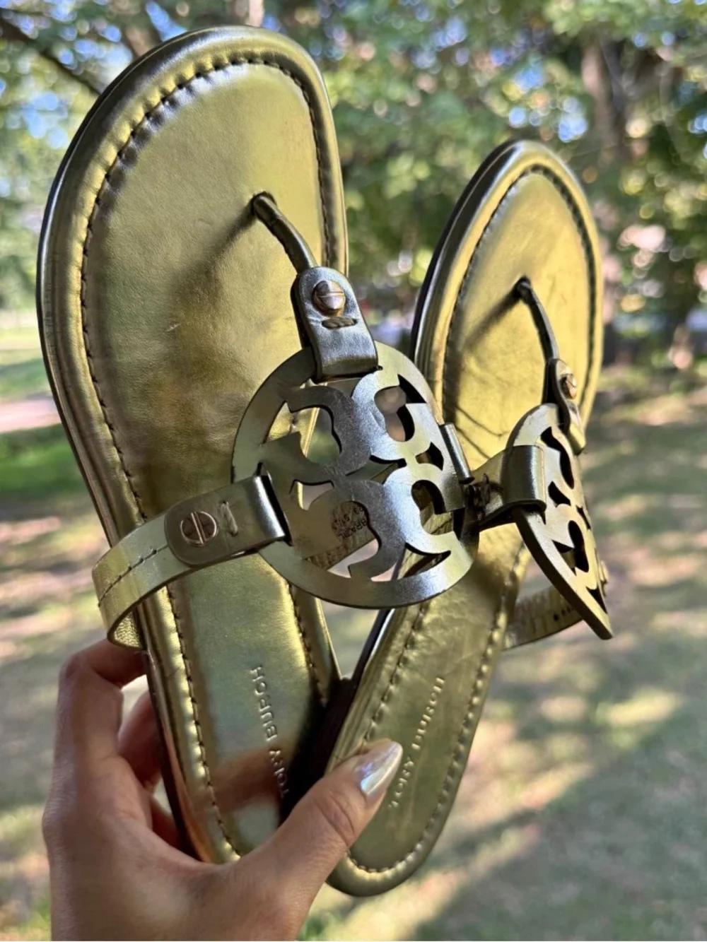 Tory Burch Metallic Gold Logo Cutout Thong Sandals
